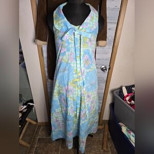 Vtg 60s Pastel Floral Sleeveless Maxi Mod House Dress Lounge Groovy